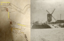 De molen en de kerk Sint-Antonius abt op een kaart G. De Deken van 1755, kaartenarchief DSMG en enige foto van die molen, zie boek 'Langs het kanaal'