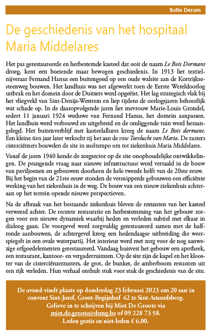 Lezing door Sophie De Rom over de geschiedenis van het hospitaal Maria Middelares te Gent